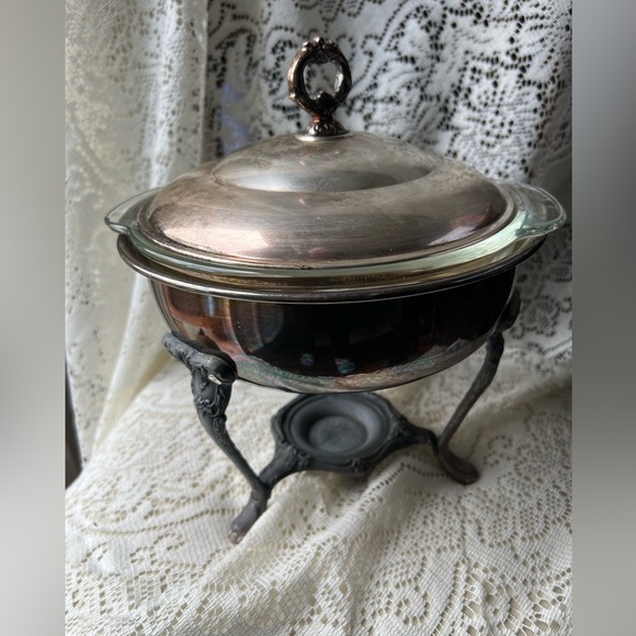 Vintage Silver Plate Serving Tray With Anchor Hocking 10 in across Dish. - Picture 9 of 13